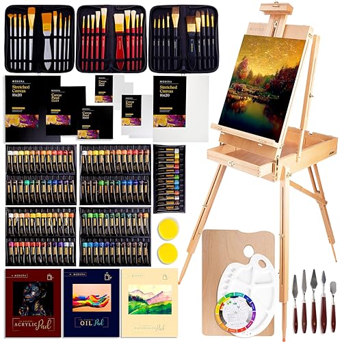 160-Piece French Easel Painting Set | All-in-One Deluxe Artist Starter Kit w/Wooden Field & Studio Sketch Box Easel for Adult, 100+ Professional Paints, Stretched & Panel Canvases, Brushes, Palettes