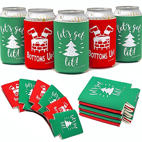 Holiday Festive Christmas Regular Can Coolers - 6 Pack | Bottoms Up & Let's Get Lit Stocking Stuffer Gifts - Funny Ugly Sweater Party Prize, Favors, Decorations & Supplies (Red/Green)