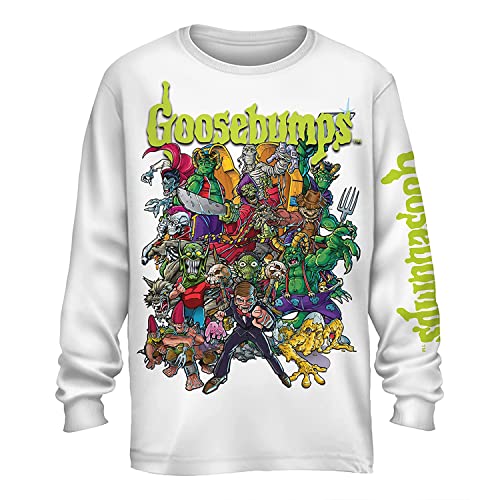 Goosebumps Mens Horror Mask Shirt Book List Front and Back Mens Long Sleeve T-Shirt (White, X-Large)