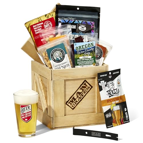 Man Crates, Booze-Infused Jerky Crate – Includes 4 Sampler Varieties of Deliciously Buzzworthy, Alcohol Flavored Jerky and 3 Varieties of Nuts – Great Gifts for Men