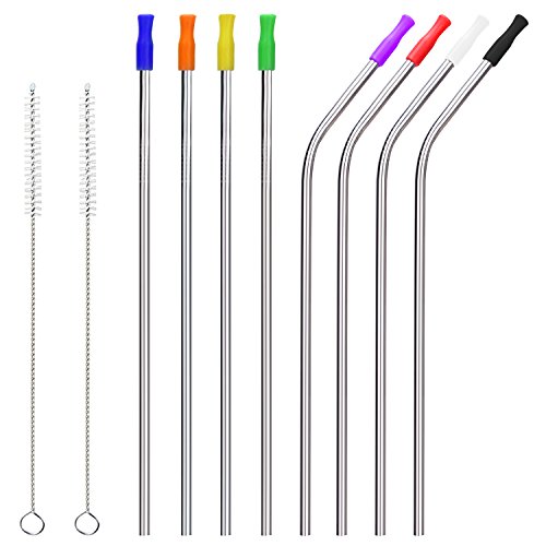 WEBSUN Metal Set of 8 Reusable Stainless Steel Drinking Straws For Tumbler with Cover, 2 Cleaning Brushes Included