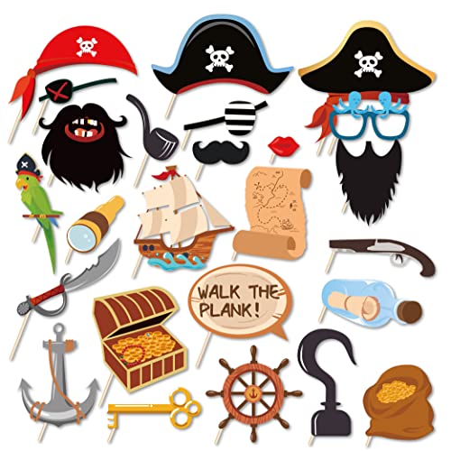 25 Pieces of Fun Pirate Party Supplies, Pirates of the Caribbean Theme Selfie Props, Ideal Gift Pirate Hat Patch Sword Telescope Parrot Silhouette Sailboat Nautical Party Decorations