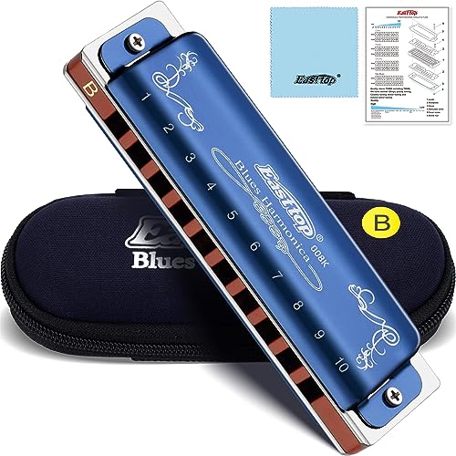 East top Diatonic Harmonica Key of B, 10 Holes 20 Tones 008K Diatonic Blues Harp Mouth Organ Harmonica with Blue Case, Standard Harmonica For Adults, Professionals and Students