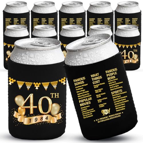 40th Birthday Can Cooler Sleeves Pack of 12-1983 Sign - 40th Birthday Party Supplies - 40th Anniversary Decorations - Black and Gold Fortieth Birthday Cup Coolers