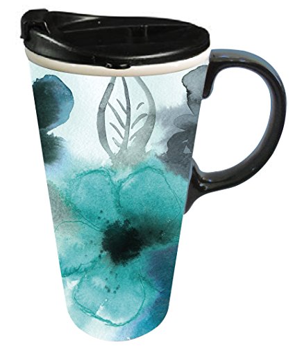 Cypress Watercolor Floral Ceramic Travel Mug, 17 oz, Blue