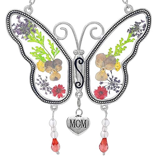 Mother Butterfly Suncatcher with Mom Heart Charm and Pressed Flower Wings - Multi-color Flowers and Hanging Beads - 4.5 inches H