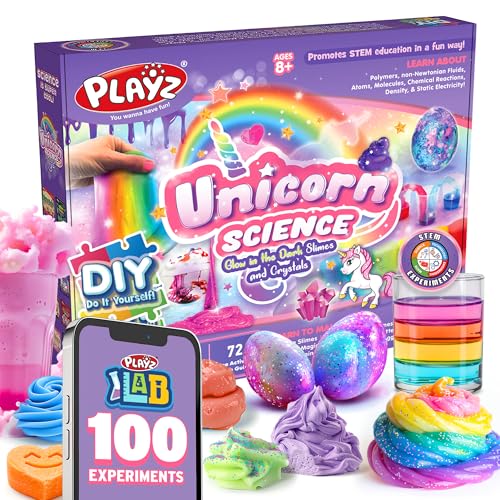 Playz Unicorn Slime & Crystals 100+ Science Experiments Kit Gift for Girls & Boys to Make Glow in The Dark Unicorn Poop, Snot, Fluffy Slime, Crystals, Putty, Arts & Crafts for Kids Age 8-12