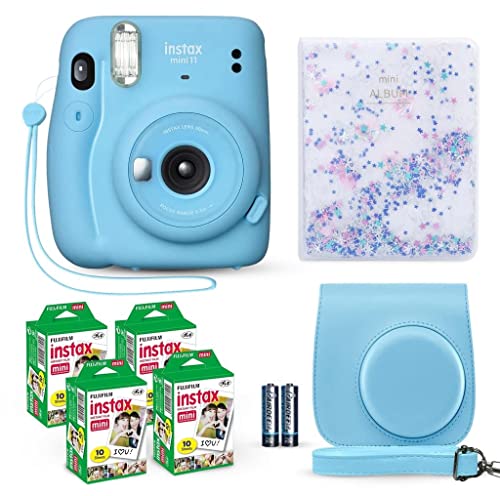 Fujifilm Instax Mini 11 Instant Camera Sky Blue + Fuji Film Value Pack (40 Sheets) + Shutter Accessories Bundle, Incl. Compatible Carrying Case, Quicksand Beads Photo Album 64 Pockets