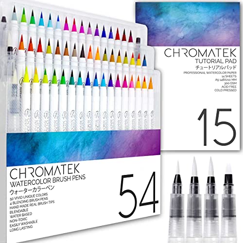 CHROMATEK 54 Watercolor Pens Set | Including 15 Page Pad & Online Video Tutorial Series | 4 Aquapens & 50 Unique Colors | Real Brush Pens | Easily Blendable, Vivid, Smooth | Professional Art Supplies