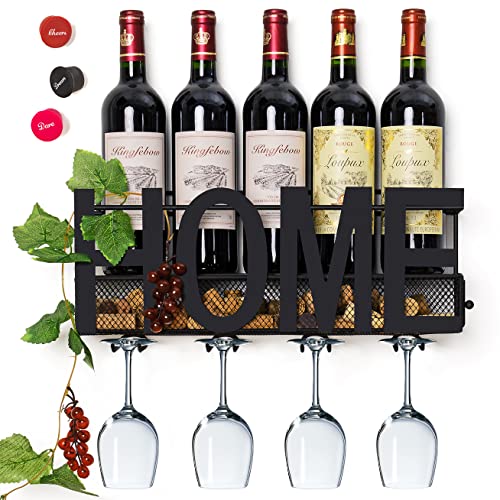 SODUKU Wall Mounted Metal Wine Rack - Wine Rack Wall Mount Wine Bottle Holder 4 Long Stem Glass Holder & Wine Cork Storage Home