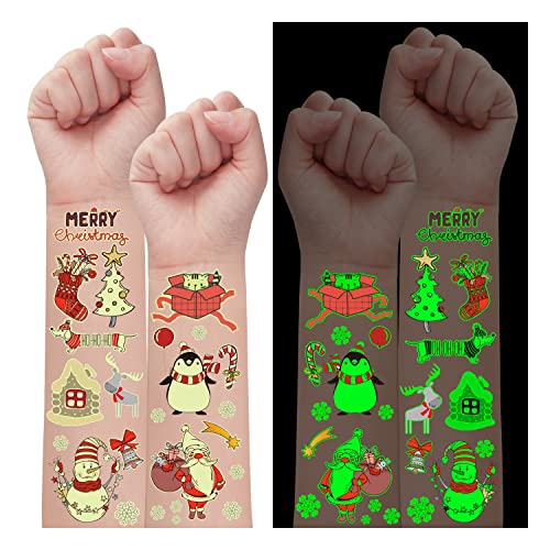 Partywind 10 Sheets Luminous Merry Christmas Temporary Tattoos for Kids, Christmas Party Decorations Supplies Favors