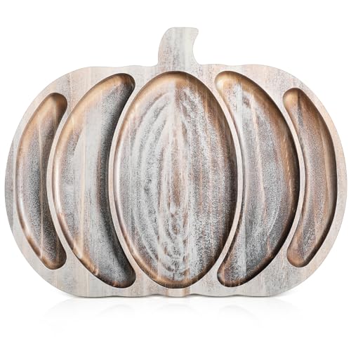 Sliner Fall Harvest Large Pumpkin Wooden Serving Platter 15x12 In Rustic Pumpkin Snack Fruit Meat Cheese Board Rustic Angle Shape Charcuterie Board Sectional Dish Plate for Thanksgiving(Grey White)