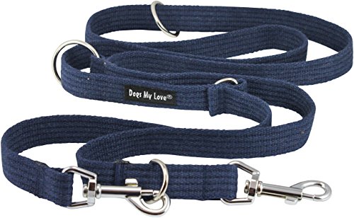 Dogs My Love 1' Wide Cotton Web 6-Way European Multi-Functional Dog Leash, Adjustable Lead 45'-78' Long, Large (Blue)