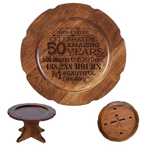 Personalized 50th Wedding Anniversary Cherry Cake Stand Gift for Her, Happy 50 Year Anniversary for Him 10' Custom Engraved for Husband or Wife by LifeSong Milestones (Anniversary Design Date)