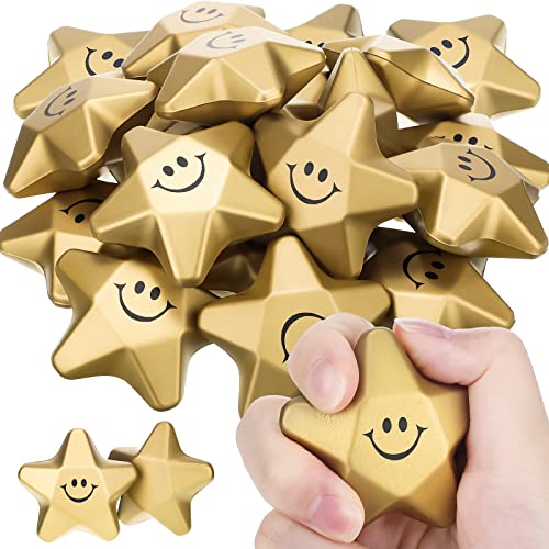 36 Pieces Star Stress Balls Star Mini Foam Ball Stress Relief Star Balls Star Stress Toys for Teens Adults Student Bag Fillers, Gold (Smile,1.6 Inch)