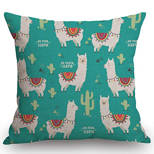 Swono Cute White Llama Throw Pillow Cover Alpaca and Cactus Farmhouse Cushion Case for Sofa Couch 18x18 Inches Cotton Linen