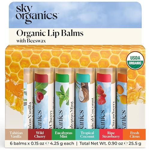 Sky Organics Organic Lip Balm with Beeswax and a Rich Nourishing Blend of Plant Oils, Moisturizing Lips Balms to Lock In Moisture and Keep Lips Feeling Soft and Smooth, Six Assorted Flavors, 6pk.