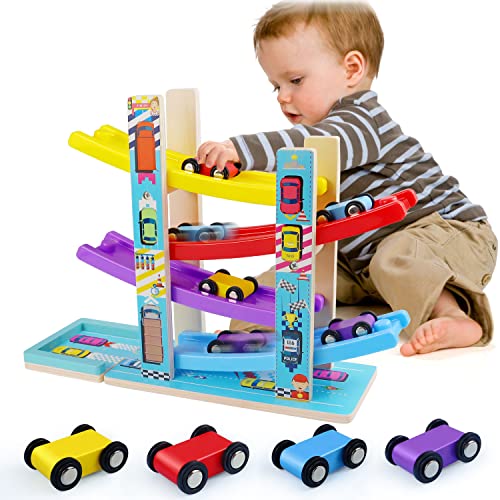 Montessori Toys for Toddlers, Children Race Track Toy with 4 Cars and 1 Wooden Parking Lot, Stable Base, Car Ramp Toy for 2 3 Year Old Boy Girl Gifts, 18 Month Old Toys for Kids