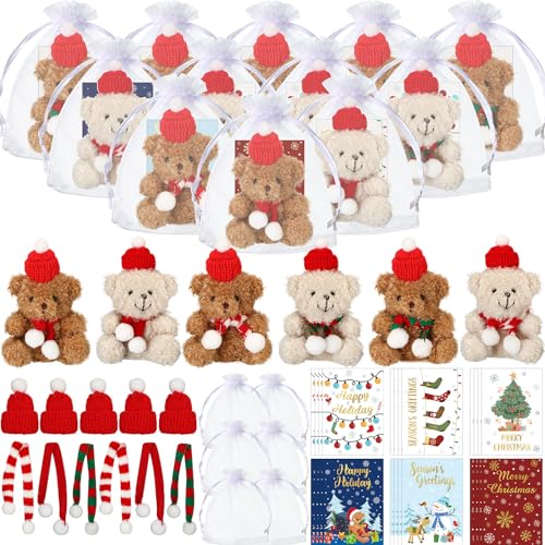 Poen 24 Set Christmas Mini Stuffed Animal Bears with Santa Hat Scarf Christmas Card Organza Bag 4 Inch Small Xmas Plush Bear for Classroom Goodie Bag Gift Stockings Filler Party Favor (Cute Style)