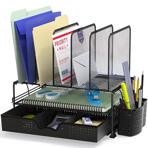 Simple Houseware Mesh Desk Organizer with Sliding Drawer, Double Tray and 5 Upright Sections, Black