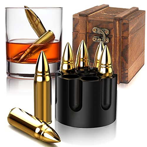 Chouggo Bullet Whiskey Stones with Vintage Wooden Case, Stainless Steel Ice Cubes, Whiskey Gift Set for Men, Dad, Husband, Boyfriend