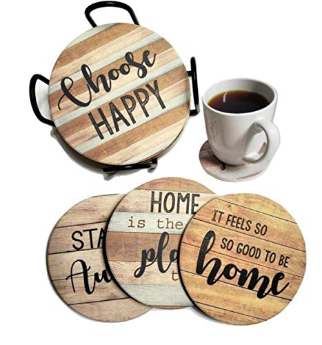 PANCHH Rustic Farmhouse Stone & Cork Coasters for Drinks, Absorbent - Set of 6 Coasters with Holder - Best Housewarming Gifts for New Home Ideas - Cute Kitchen and Coffee Table Décor & Accessories