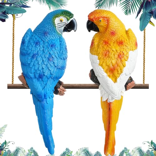 2 Pieces Parrot Decor Outdoor Tiki Bar Decorations Large Realistic Parrot Statues for Outside Lifelike Bird Sculptures Garden Patio Yard Lawn Figurines for Tropical Animal Tree Wall (Blue, Yellow)