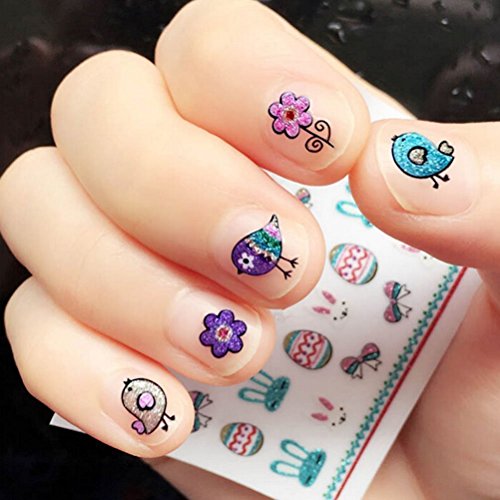 OULII Nail Stickers Glitter Powder Fun 3D Nail Stickers Decals Easter Party Favors DIY Valentine's Day gift for women girls, Pack of 5