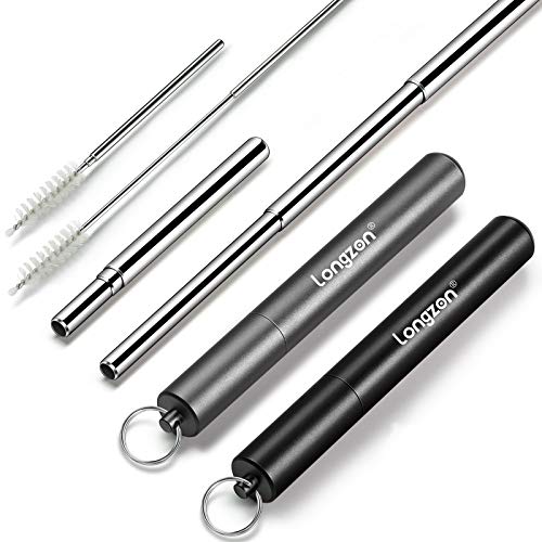 Longzon 2 Pack Collapsible Metal Straws – Reusable Portable Stainless Steel Drinking Black Gold Straws with 2 Aluminum Key-chain Case & 2 Cleaning Brushes for Home Work Travel - (Black + gold)