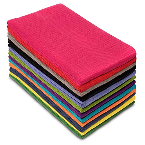 Cotton Craft 12 Pack Multicolor Kitchen Towels 16x28 Inches- Pure Cotton, Absorbent Waffle Weave