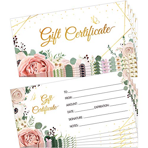 100 Pcs gift certificates for business Blank Present Certificate Double Sided Floral Gold Foil Customer Client Paper Voucher Cards for Birthday, Spa, Work Business Present Card, 4.8 x 2.4 Inch
