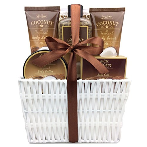 Spa Gift Baskets Bath and Body Set with Refreshing Coconut Fragrance Lovestee - Bath and Body Gift Set Includes Shower Gel Body Lotion Body Scrub Body Butter Bath Salt and Loofah Scrubbed