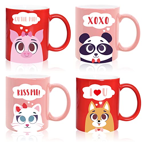 Whaline 4Pcs Valentine's Day Mug Set 12oz Red Pink Cute Animal Coffee Mug Valentine Ceramic Matching Mugs Party Cups for Home School Office Table Centerpieces Sweet Housewarming Gift
