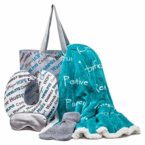 Chanasya Premium Care Gift Package - Throw Blanket, Neck Pillow, Eye Mask, Tote Bag, Socks - 50” x 65” - 5-Piece Set, Teal