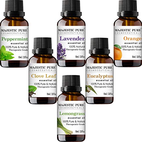 MAJESTIC PURE Aromatherapy Essential Oils Set, Includes Lavender, Peppermint, Lemongrass, Orange, Eucalyptus & Clove Oils - Pack of 6-10 ml Each