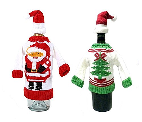 Wine Bottle Covers, Christmas Winter Holiday Knit Sweaters - Set of Two