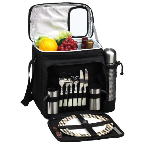 Picnic at Ascot Insulated Picnic Basket/Cooler Fully Equipped for 2 with Coffee Service - Black