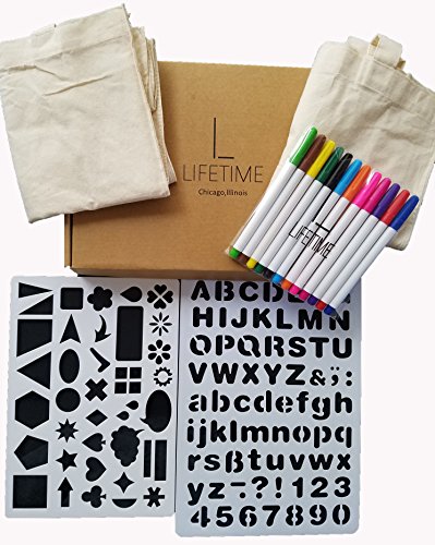 Lifetime Inc Tote Decorating Kit with Canvas Bags, Tote-Ally Fun DIY 12 Fabric Markers, and 2 Stencils