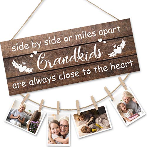 Jetec Grandkids Photo Holder Side by Side or Miles Apart Photo Frame Rustic Wooden Hanging Photo Display Board Grandma’s Picture Frame with Clips and Twine for Living Room Bedroom Home Decor