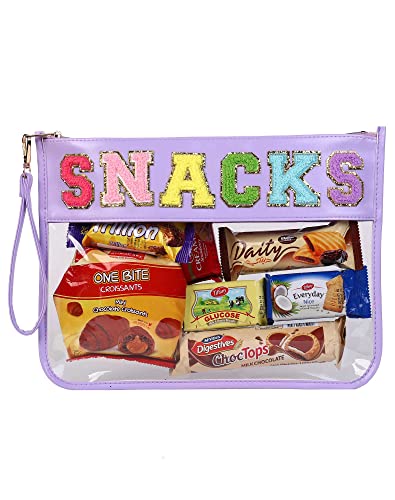 HASIOY Clear Pouch With Patches Snacks Bag Chenille Letter Bag Cosmetic Tote Bag With Gold Shoulder Straps(purple)