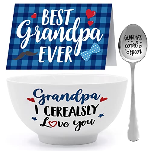 Grandpa Gift Cereal Bowl and Cereal Killer Spoon Set with Best Dad Ever Card Birthday Grandfather's Retirement Christmas Present Engraved Basket from Granddaughter Grandson Set of 3 Thanksgiving