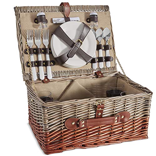 VonShef 4 Person Wicker Picnic Basket Set – Includes Flatware/Tableware Inc. Dinner Plates, Wine Glasses, Cotton Napkins, Cutlery – Perfect for Outdoor Family Fun