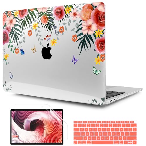 TWOLSKOO Case for MacBook Air 13 inch 2021 2020 2019 2018, Ultra Slim Hard Shell Case and Keyboard Cover Screen Protector for MacBook Air 13 A2337 M1 A2179 A1932 with Touch ID (Butterfly Floral)