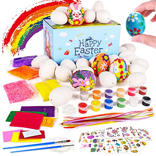 Hiprup Easter Eggs Craft Painting Decorating Kit - 30 White Blank Easter Eggs, Hanging Plastic DIY Easter
