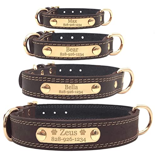 Personalized Dog Collar - Engraved Soft Leather - Custom Small Medium or Large Size with Name Plate (Large, Brown)