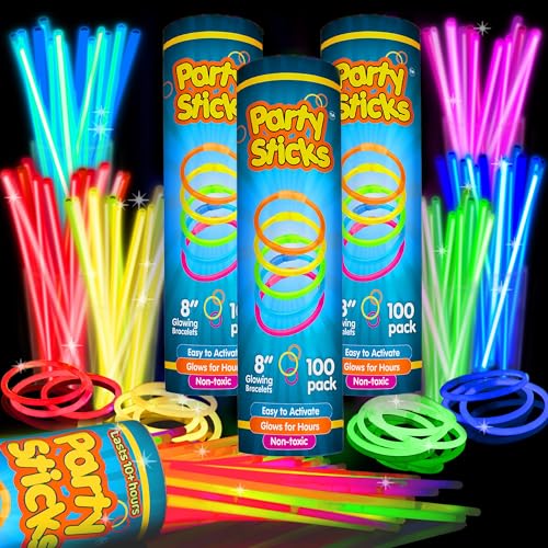 PartySticks Glow Sticks Jewelry Bulk Party Favors 300pk and Connectors - 8' Glow in The Dark Party Supplies, Neon Party Glow Necklaces and Glow Bracelets for Kids and Adults