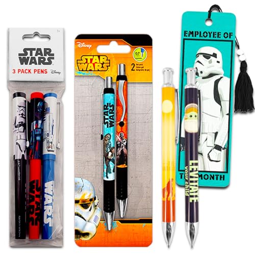 Star Wars Pen Set, 8 Pc Bundle - 7 Deluxe Star Wars Pens featuring Baby Yoda, Luke Skywalker, Darth Vader plus Star Wars Bookmark (Star Wars Office Supplies)