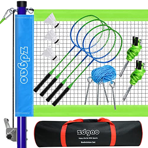 Zdgao Badminton Sets for Backyards with Net | Portable Badminton Net with Winch System, Aluminum Badminton Rackets Set of 4, 3 Nylon Shuttlecocks, Boundary Line and Durable Carrying Bag (Blue & Green)