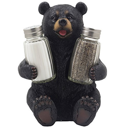 Decorative Black Bear Glass Salt and Pepper Shaker Set with Holder Figurine Sculpture for Rustic Lodge and Cabin Kitchen Table Decor Centerpieces & Spice Rack Decorations or Teddy Bear Gifts