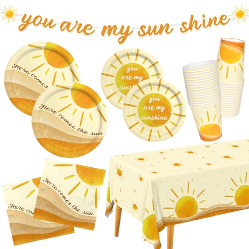 Boho Sun-Theme Birthday Party Supply Set; Complete Baby Shower Decorations with Sunshine Disposable Paper Plates, Cups, Tablecloth, Banner and Napkins for 25; Boho Baby Shower Party Decorations.